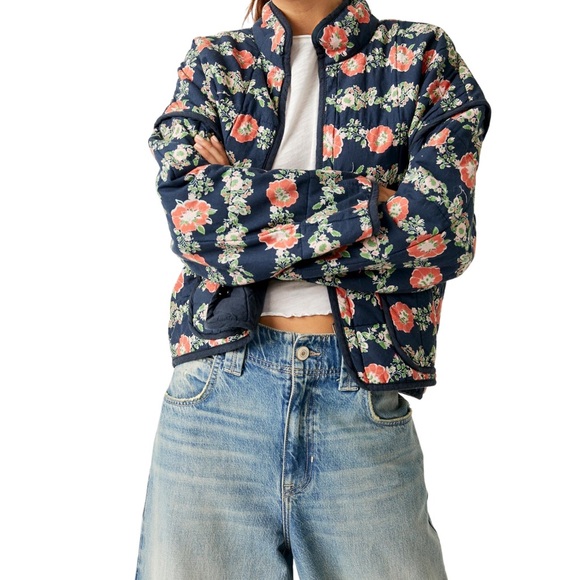 Free People Floral Puffer Jacket - Navy and Coral - Picture 2 of 4